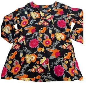 Made in India Cotton Black Tunic W/ Colorful Floral Print Long Sleeved XL Boho